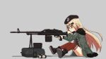  1girl aiming beret binoculars bipod black_footwear black_headwear black_shirt blonde_hair boots box_magazine closed_mouth commentary crate expressionless full_body fur-trimmed_boots fur-trimmed_jacket fur_trim girls&#039;_frontline glasses green_jacket grey_background gun hair_ornament hairclip hat holding holding_gun holding_weapon jacket kamihine long_hair long_sleeves machine_gun necktie open_clothes open_jacket panties pantyshot pouch red_eyes red_necktie red_thighhighs round_eyewear shadow shirt shoe_soles simple_background sitting solo thighhighs trigger_discipline twitter_username type_80 type_80_(girls&#039;_frontline) underwear very_long_hair walkie-talkie weapon white_panties 