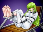  1girl albyee ball_gag barefoot bound bound_arms bound_thighs breasts brown_eyes c.c. cameltoe chair code_geass commentary commission english_commentary feet feet_up foot_focus full_body gag gradient_background green_hair knees_up large_breasts leaning_back long_hair long_sleeves looking_at_viewer pants purple_background saliva saliva_drip sidelocks soles solo straitjacket toenails toes white_pants 