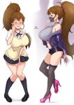  1girl ? ?? before_and_after blush breasts brown_eyes brown_hair collar earrings heart heart_collar heart_earrings high_heels highres jacket jewelry large_breasts long_hair mask mouth_mask navel open_clothes open_mouth ponytail taneshima_popura thighs twogie working!! 