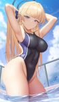  1girl alternate_breast_size alternate_costume arms_up blonde_hair blue_archive blue_eyes blue_sky breasts cloud competition_swimsuit covered_navel day halo highleg highleg_swimsuit highres large_breasts long_hair one-piece_swimsuit outdoors pool sky solo swimsuit toki_(blue_archive) very_long_hair wading water yasojima_nejiro 