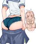  1girl anger_vein antenna_hair ass ass_focus blue_panties blue_sailor_collar blue_skirt blush closed_mouth clothes_pull covering covering_crotch from_behind kantai_collection kinugasa_(kancolle) long_hair multiple_views panties sailor_collar school_uniform serafuku shiawase_hougan short_sleeves simple_background skirt skirt_pull underwear white_background 