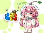  1girl 3others anchor_hair_ornament blue_pikmin blush boots chibi closed_eyes closed_mouth copyright_request crossover fish_hair_ornament gloves hair_intakes hair_ornament hand_up helmet highres jacket kurukurumagical leaf multiple_others pikmin_(series) pikmin_1 pink_gloves pink_hair pink_jacket red_pikmin salute space_helmet standing star_(symbol) star_hair_ornament tears translation_request virtual_youtuber white_background white_footwear yellow_pikmin 