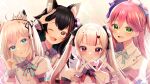  4girls absurdres ahoge animal_ear_fluff animal_ears black_hair blush braid commentary_request fox_ears fox_girl fox_shadow_puppet green_eyes heart heart_hands highres hololive horns junineu long_hair looking_at_viewer multicolored_hair multiple_girls nakiri_ayame one_eye_closed oni_horns ookami_mio open_mouth pink_hair red_hair sakura_miko shirakami_fubuki sidelocks single_braid smile streaked_hair twintails virtual_youtuber white_hair wolf_ears wolf_girl 