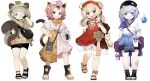  4girls :o absurdres alternate_costume animal_ear_fluff animal_ears anklet backpack bag bell beret black_headwear black_shorts bloomers blunt_bangs blush boots bow bowtie brown_hair brown_hoodie cat_ears cat_girl cat_tail chinese_clothes chinese_commentary closed_mouth clothes_around_waist commentary_request cup diona_(genshin_impact) disposable_cup dodoco_(genshin_impact) dress ears_through_headwear fingerless_gloves full_body genshin_impact gloves green_eyes grey_eyes grey_hair hair_between_eyes hair_ornament hands_on_own_hips hat highres holding holding_cup holding_own_tail hood hood_up hoodie jewelry jingle_bell klee_(genshin_impact) layered_dress leaf leaf_on_head long_hair looking_at_viewer low_ponytail low_twintails menthako multiple_girls neck_ribbon ofuda open_mouth pink_dress pink_eyes pink_hair pointing purple_hair qiqi_(genshin_impact) raccoon_ears raccoon_girl raccoon_tail red_eyes red_headwear ribbon rubbing_eyes sandals sayu_(genshin_impact) see-through shirt short_hair short_sleeves shorts shoulder_bag sidelocks simple_background sleeveless smile standing strapless strapless_dress tail thermos thick_eyebrows toeless_footwear toes topknot twintails underwear weibo_logo weibo_username white_background 