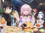  1boy 1other 2girls black_hair dan_heng_(honkai:_star_rail) earrings eating food highres himeko_(honkai:_star_rail) holding holding_food honkai:_star_rail honkai_(series) indoors irono_ha jewelry march_7th_(honkai:_star_rail) medium_hair multiple_girls pink_hair pom-pom_(honkai:_star_rail) red_eyeliner sandwich two-tone_eyes 