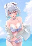  1girl absurdres animal_ears bare_shoulders bikini blue_eyes blue_hair blue_sky blush braid breasts choker cleavage cloud collarbone colored_inner_hair cowboy_shot day dog_ears dog_girl extra_ears fang frilled_bikini frills heterochromia highres indie_virtual_youtuber jacket large_breasts looking_at_viewer multicolored_hair navel off_shoulder open_mouth outdoors red_eyes shirainu_youka short_hair side_braid skin_fang sky solo swimsuit tatataecho thigh_gap two-tone_hair virtual_youtuber wet white_bikini white_choker white_hair white_jacket 