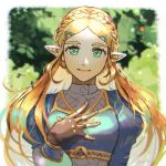  blonde_hair blue_vest braid crown_braid fingerless_gloves foliage gloves green_eyes hair_ornament hairclip long_hair pointy_ears princess_zelda princess_zelda_(botw) shiroi_(shiroicbe) sidelocks smile the_legend_of_zelda the_legend_of_zelda:_breath_of_the_wild vest 