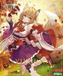  1girl animal_ear_fluff animal_ears arcanadea bell black_gloves blonde_hair bow box_art character_name copyright_name detached_sleeves fox_ears fox_girl fox_shadow_puppet fox_tail gloves kotobukiya logo low_twintails medium_hair necomi obi official_art purple_skirt red_bow sample_watermark sash shirt single_thighhigh skirt sleeveless sleeveless_shirt smile solo tail thighhighs twintails white_shirt white_thighhighs yukumo_(arcanadea) 