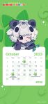  1girl absurdres animal_ears bamboo black_eyes black_hair calendar_(medium) elbow_gloves extra_ears giant_panda_(kemono_friends) gloves green_background highres japari_symbol kemono_friends kemono_friends_kingdom looking_at_viewer multicolored_hair official_art one_eye_closed panda_ears panda_girl sailor_collar school_uniform short_hair simple_background solo two-tone_hair white_hair 