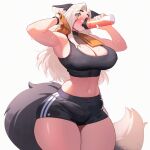  1girl absurdres animal_ears armpits black_sports_bra breasts dog_ears dog_girl dog_tail drinking exercise grey_hair hair_over_one_eye haru_feng highres large_breasts large_tail multicolored_hair original short_shorts shorts simple_background sports_bra sweat tail thick_thighs thighs towel towel_around_neck white_background white_hair yellow_eyes 
