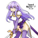  1girl alternate_costume armor breasts circlet english_text fire_emblem fire_emblem:_genealogy_of_the_holy_war holding holding_sword holding_weapon julia_(fire_emblem) long_hair open_mouth pauldrons purple_eyes purple_hair shoulder_armor simple_background solo sword thighhighs thighs weapon yukia_(firstaid0) 