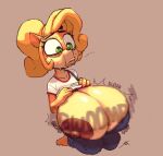  activision anthro areola bandicoot big_breasts blonde_hair bodily_fluids breasts brown_areola brown_nipples clothed clothing coco_bandicoot crash_bandicoot_(series) ellipsis english_text female frown green_eyes hair huge_breasts hyper hyper_breasts kneeling mammal marsupial multicolored_body nipples onomatopoeia overalls raised_clothing raised_shirt raised_topwear shirt sixsidesofmyhead solo sound_effects sweat text topwear two_tone_body 