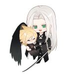  2boys angry armor belt black_coat black_footwear black_gloves black_wings blonde_hair blush boots buckle chest_harness chibi closed_eyes cloud_strife coat dapanggezilan feathered_wings final_fantasy final_fantasy_vii gloves green_eyes grey_hair harness highres holding holding_sword holding_weapon katana knee_boots long_bangs long_hair male_focus multiple_boys open_clothes open_coat open_mouth parted_bangs pauldrons sephiroth short_hair shoulder_armor single_pauldron single_wing sitting sitting_on_lap sitting_on_person smile standing standing_on_one_leg suspenders sword weapon wings yaoi 