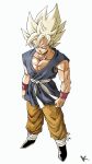  1boy blonde_hair dougi dragon_ball dragon_ball_gt full_body green_eyes highres kakeru_(dbskakeru) looking_at_viewer male_focus muscular muscular_male pants signature simple_background sleeveless smirk solo son_goku spiked_hair super_saiyan super_saiyan_1 white_background 