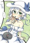  blue_bow blue_choker blue_ribbon blush bow choker dress eyeball finger_to_mouth green_eyes grin hand_up hat hat_bow hat_ribbon heart heart_of_string kaenbyou_rin kaenbyou_rin_(cat) koishi_day komeiji_koishi matsu_kitsune medium_hair ribbon shushing smile sun_hat thighhighs third_eye touhou wavy_hair white_dress white_hair white_headwear white_thighhighs 