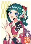  1girl :d blue_eyes blunt_bangs bow brown_nails ceros checkered_background egasumi fingernails floral_print flower green_hair hair_bow hair_bun hair_flower hair_ornament hair_rings hands_up happy_new_year idol_land_pripara japanese_clothes kimono long_hair long_sleeves looking_at_viewer nail_polish nengajou new_year obi open_mouth own_hands_together pretty_(series) print_kimono pripara red_bow red_kimono sash sidelocks simple_background smile solo steepled_fingers teeth tsukikawa_chiri two-tone_background upper_body upper_teeth_only white_background white_bow white_flower wide_sleeves yellow_background 