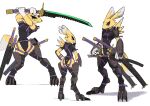  2021 angry anthro armor bandai_namco black_clothing black_nose black_sclera blue_eyes breasts butt clothing digimon digimon_(species) female hi_res holding_object holding_sword holding_weapon katana looking_at_viewer machine melee_weapon power_armor renamon sat_v12 simple_background solo standing sword tail weapon white_background yellow_body 