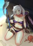  1girl absurdres bare_shoulders beach belt bikini blush breasts brown_belt brown_eyes brown_gloves cleavage collarbone crab english_commentary fire_emblem fire_emblem_awakening fire_emblem_heroes fish footprints gloves highres holding_trident jacket jacket_on_shoulders long_hair looking_at_viewer navel o-ring o-ring_bikini octopus official_alternate_costume polearm purple_bikini robin_(female)_(fire_emblem) robin_(female)_(summer)_(fire_emblem) robin_(fire_emblem) sand sitting smile solo swimsuit trident twintails underboob wariza water weapon wet white_hair zet_(twt_zet) 