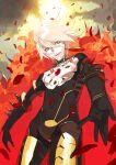  1boy choker earrings fate/grand_order fate_(series) from_below gold_armor green_eyes jewelry karna_(fate) leotard looking_at_viewer official_art pako_(pakosun) smile white_hair 