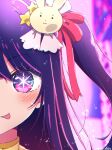 1girl ama_(ama_ekaku) blurry blurry_background blush bright_pupils closed_mouth commentary_request hair_ornament highres hoshino_ai_(oshi_no_ko) idol light_particles long_hair looking_at_viewer multicolored_hair one_side_up oshi_no_ko partial_commentary pink_hair portrait purple_eyes purple_hair rabbit_hair_ornament smile solo split_crop stage star-shaped_pupils star_(symbol) streaked_hair symbol-shaped_pupils tongue tongue_out twitter_username watermark white_pupils 
