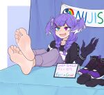  1girl barefoot black_sweater blue_eyes commentary fang feet feet_on_table foot_focus hair_wings heterochromia highres looking_at_viewer medium_hair nijisanji nijisanji_en open_mouth pants pink_eyes purple_hair purple_pants selen_tatsuki shoes shoes_removed sign skin_fang smile socks_removed softhanten soles solo sweat sweater table toes twitter_username virtual_youtuber 