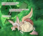  abdominal_bulge ambiguous_gender ambiguous_prey anthro belly big_belly blush bottomwear clothing dialogue english_text grass hair hi_res lagomorph leporid made_in_abyss mammal nanachi narehate onomatopoeia pants plant rabbit relarity solo sound_effects speech_bubble squirming text vore 