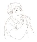  1boy blush closed_mouth collared_shirt commentary_request diru eating gloves hand_up looking_at_viewer male_focus monochrome one_eye_closed plump shirt short_hair short_sleeves simple_background solo thick_eyebrows tokyo_afterschool_summoners undercut upper_body white_background yakushimaru_ryota 