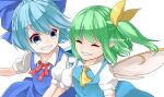  2girls ascot blue_bow blue_dress blue_eyes blue_hair blue_skirt blue_vest bow buttons cirno closed_eyes collared_shirt daiyousei dress fairy_wings green_hair hair_bow ice ice_wings large_bow looking_at_another miyangoroge multiple_girls neck_ribbon one_side_up open_mouth pinafore_dress pointy_ears puffy_short_sleeves puffy_sleeves red_ribbon ribbon shirt short_sleeves shoulder-to-shoulder simple_background skirt sleeveless sleeveless_dress teeth touhou upper_body vest white_background white_shirt wings yellow_ascot 