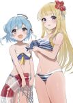  2girls bikini blonde_hair blue_bikini blue_hair breasts cleavage cosplay costume_switch cowboy_shot dixie_cup_hat double_bun fletcher_(kancolle) flower hair_bun hair_flower hair_ornament hairband hat holding holding_innertube innertube kantai_collection large_breasts little_blue_whale_(kancolle) long_hair looking_at_viewer military_hat multiple_girls open_mouth purple_eyes samuel_b._roberts_(kancolle) short_hair smile striped striped_bikini swimsuit whale white_background yamashichi_(mtseven) 