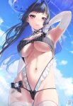  1girl armpits black_hair blue_eyes blue_sky breasts elbow_gloves gloves hair_intakes highres hololive large_breasts long_hair navel ouro_kronii padoruu sky solo stomach swimsuit thighhighs underboob virtual_youtuber white_thighhighs 