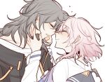  2girls black_choker blush choker closed_eyes closed_mouth couple earrings grey_hair heart height_difference honkai:_star_rail honkai_(series) jacket jewelry long_sleeves march_7th_(honkai:_star_rail) medium_hair multiple_girls nuzzle open_clothes open_jacket parted_lips pink_hair riejiu simple_background stelle_(honkai:_star_rail) trailblazer_(honkai:_star_rail) upper_body white_sleeves yuri 