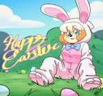  absurd_res anthro canid canine canis clothed clothing costume detailed_background digital_drawing_(artwork) digital_media_(artwork) domestic_dog easter easter_egg female hi_res holidays kigurumi looking_at_viewer mammal onesie open_mouth rosie_(ziggy_fox) smile solo text tongue ziggy_fox 