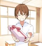  1boy ^_^ blush bow brown_hair classroom closed_eyes collared_shirt commentary day facing_viewer gift grin higurashi_no_naku_koro_ni holding holding_gift incoming_gift indoors maebara_keiichi red_bow red_ribbon ribbon shirt short_hair short_sleeves smile solo suzuragi_karin v-shaped_eyebrows white_shirt window 