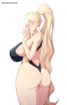  1girl artist_name ass backless_swimsuit blonde_hair blush breasts colored_eyelashes competition_swimsuit flying_sweatdrops from_behind hand_on_own_chest highres huge_breasts kulve_taroth legs_together long_hair looking_at_viewer looking_back monster_hunter:_world monster_hunter_(series) one-piece_swimsuit personification pointy_ears ponytail sideboob simple_background solo standing swimsuit very_long_hair white_background yamanata 