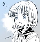  1girl artist_name blue_background blue_eyes blush bob_cut cardigan commentary_request greyscale_with_colored_background himawari-san kazamatsuri_matsuri looking_at_viewer neckerchief open_mouth sailor_collar school_uniform serafuku short_hair signature simple_background solo split_mouth sugano_manami sweat translation_request upper_body 