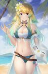  1girl aqua_bikini armband beach bikini blonde_hair blue_eyes breasts doiparuni earrings english_commentary fire_emblem fire_emblem_heroes fjorm_(fire_emblem) fjorm_(ice_ascendant)_(fire_emblem) fjorm_(summer)_(fire_emblem) flower hair_flower hair_ornament hair_twirling highres jewelry long_hair looking_at_viewer medium_breasts official_alternate_costume official_alternate_hairstyle parted_lips smile solo swimsuit 