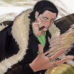  1boy artist_name black_hair cigar coat commentary crocodile_(one_piece) earrings fur-trimmed_coat fur_trim hair_slicked_back highres hook_hand hoop_earrings jewelry male_focus multiple_rings mygiorni one_piece open_mouth ring scar scar_on_face short_hair smoke solo teeth 