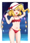  1girl :d absurdres akasaka_sato alternate_costume arms_up blonde_hair blush border breasts collarbone crystal fang flandre_scarlet frills hat heart highres horizon navel one_side_up outdoors outside_border petite red_eyes short_hair sky slit_pupils small_breasts smile solo standing tongue touhou underboob water white_border wings 