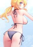  1girl bikini black_bikini blonde_hair blue_eyes breasts deadnooodles hachimiya_meguru highres idolmaster idolmaster_shiny_colors large_breasts long_hair looking_at_viewer looking_back low_twintails side-tie_bikini_bottom sideboob solo swimsuit twintails 