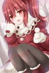  1girl anna_(fire_emblem) blush boots fire_emblem fire_emblem_engage highres kirishima_riona long_hair looking_at_viewer mittens official_alternate_costume open_mouth pantyhose ponytail red_eyes red_hair red_sweater smile solo sweater 