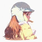  1girl absurdres bag blush breath brown_hair ddini food_in_mouth from_behind hat highres jacket long_hair looking_at_viewer looking_back mouth_hold nose_blush original paper_bag simple_background solo upper_body white_background winter_clothes yellow_jacket 