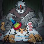  2boys artist_request bara birthday couple foot_on_head frown furry furry_male furry_with_furry handheld_game_console hat heterochromia highres holding holding_handheld_game_console lgbt_pride male_focus mismatched_sclera multiple_boys original party_hat playing_games rainbow_gradient short_hair sitting sitting_on_person smile tail thick_eyebrows tiger_boy yaoi 