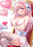  1girl angel_wings balloon bare_shoulders blue_ribbon blush breasts chair choker cleavage collarbone commentary_request commission crossed_arms crossed_legs dress garter_straps grey_thighhighs hair_ribbon halo heart_balloon howakyun! long_hair mashiro_mayu medium_breasts nikoo on_chair pink_hair pixiv_commission purple_eyes ribbon simple_background sitting smile thighhighs tiara virtual_youtuber white_background white_choker white_dress wings yellow_halo 