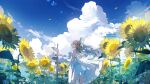  1girl absurdres aiha-deko arm_up bare_arms blue_sky cloud commentary_request cumulonimbus_cloud day dress field flower flower_field grey_eyes grey_hair hat highres long_hair looking_at_viewer looking_back original outdoors petals sign signature sky sleeveless sleeveless_dress smile solo standing straw_hat summer sun_hat sunflower white_dress 