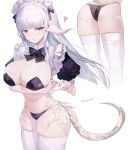  1girl ass au_ra bikini black_bikini blue_eyes blunt_bangs breasts cropped_legs dragon_horns dragon_tail final_fantasy final_fantasy_xiv grey_hair heart heart_hands heterochromia highres horns large_breasts long_hair looking_at_viewer maid maid_bikini maid_headdress multiple_views puffy_short_sleeves puffy_sleeves red_eyes scales shikina_(mochigushi_) short_sleeves skindentation solo swimsuit tail thighhighs unconventional_maid warrior_of_light_(ff14) white_thighhighs 