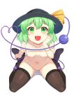  1girl akasaka_sato boots breasts commentary_request from_above full_body green_eyes green_hair hand_on_own_cheek hand_on_own_face hand_up hat heart heart_of_string highres komeiji_koishi light_blush looking_at_viewer medium_hair nipples nude oral_invitation pussy_juice simple_background sitting small_breasts solo thighhighs third_eye tongue tongue_out touhou wariza white_background 