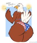  4_fingers 4th_of_july accipitrid accipitriform american_flag_bikini anthro avian bald_eagle beak big_breasts big_butt bikini bird blue_eyes breasts brown_body bustingmangos butt clothed clothing digital_media_(artwork) eagle english_text eyelashes feather_hands feathers female fingers fireworks flag_bikini flag_clothing flag_print flag_swimwear half-closed_eyes hi_res holding_fireworks holding_object holding_sparkler holidays looking_back mammal narrowed_eyes open_mouth print_bikini print_clothing print_swimwear rear_view sea_eagle simple_background smile solo sparkler stars_and_stripes swimwear tail tail_feathers text thick_thighs united_states_of_america white_body white_feathers 