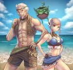  1boy 1girl abs arciela_v_adoulin bead_necklace beads bikini blue_bikini blue_eyes blue_sarong bonnet breasts cactus41747280 circlet cleavage crown final_fantasy final_fantasy_xi grey_hair highres jewelry leafkin midriff muscular muscular_male navel necklace pectorals sarong swimsuit yellow_eyes 
