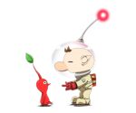  1boy backpack bag big_nose brown_hair closed_eyes colored_skin commentary_request from_side full_body gloves helmet leaf looking_at_another naru_(wish_field) no_mouth olimar outstretched_arms patch pikmin_(creature) pikmin_(series) pointy_ears pointy_nose radio_antenna red_bag red_gloves red_light red_pikmin red_skin shadow short_hair sitting space_helmet spacesuit very_short_hair white_background 