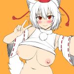  1girl animal_ears blush breasts closed_mouth commentary_request detached_sleeves hat highres inubashiri_momiji large_breasts looking_at_viewer mogura_(mogura108) navel nipples orange_background pom_pom_(clothes) reaching reaching_towards_viewer red_eyes red_headwear ribbon-trimmed_sleeves ribbon_trim shirt short_hair simple_background smile solo tail tokin_hat touhou upper_body v white_hair white_shirt wolf_ears wolf_girl wolf_tail 
